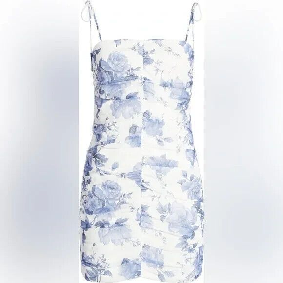 Elle Zeitoune Lily Dress in Blue/White Floral Pattern Ruched Bodycon Size L NWT! - Picture 3 of 8